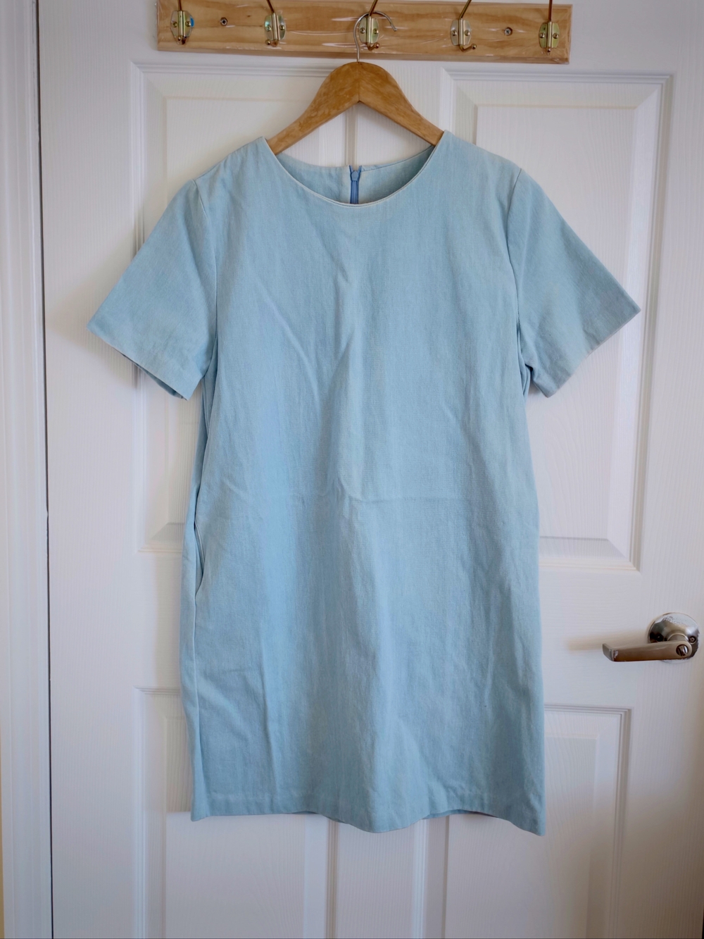 Women's Blue Denim Shift Dress Short Sleeve, Pockets Zip Back, One/Free Sz